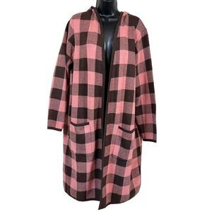 D&CO. HOODED OPEN FRONT BROWN AND PINK BUFFALO PLAID CARDIGAN DUSTER